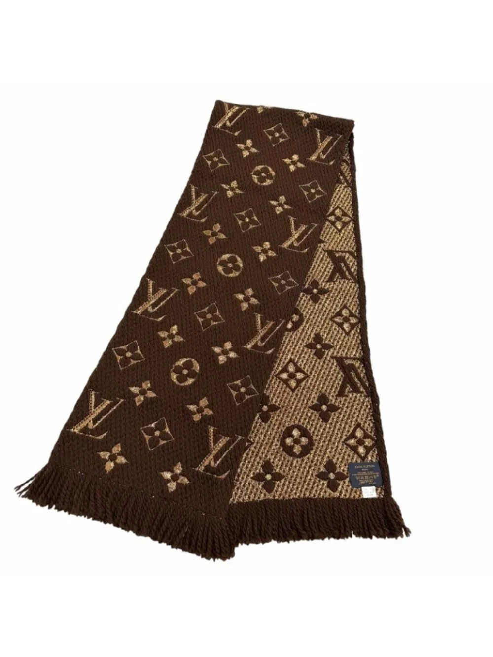 Louis Vuitton Logomania Scarf Shine Wool Silk Blend Brown Fringe
